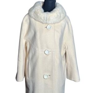 Vintage Cream Wool Swing Coat Faux? Fur Collar Mid-Century Ivory Winter Coat M